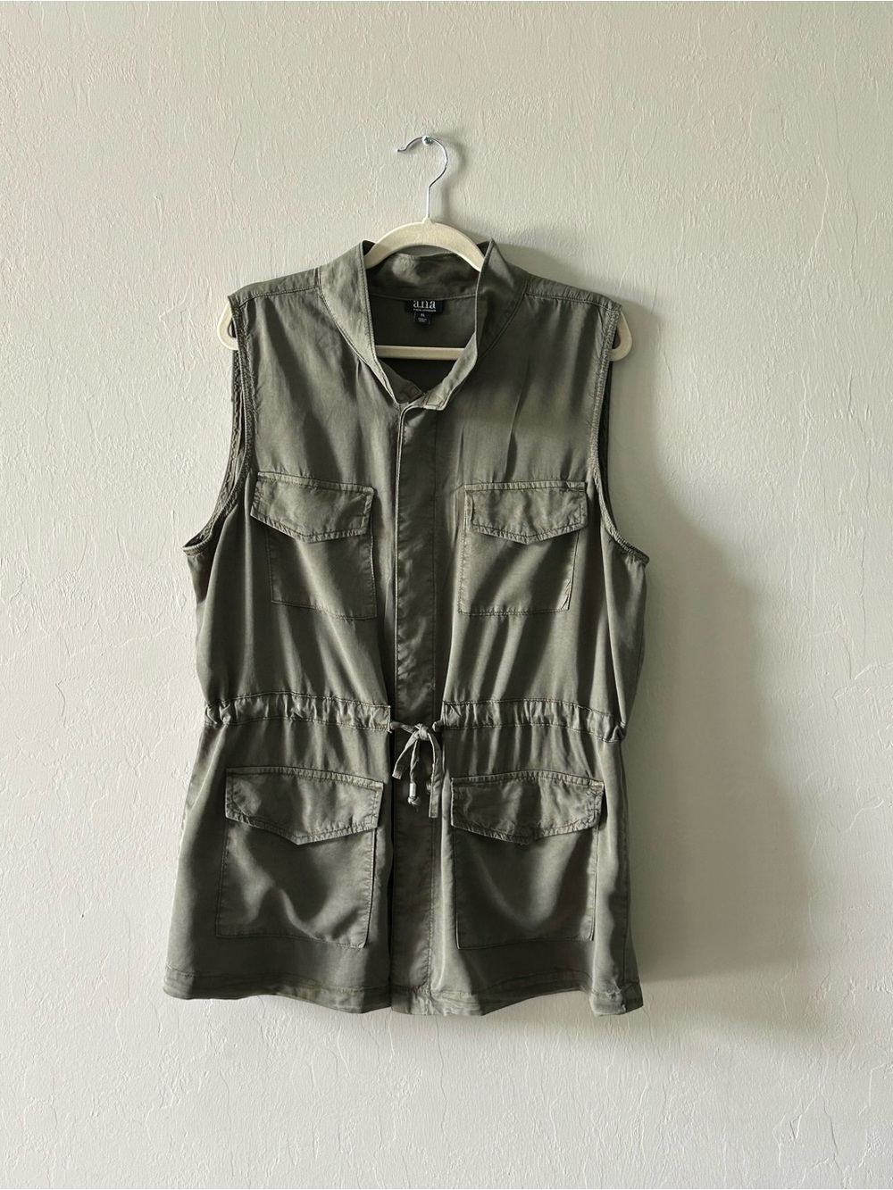 A.N.A Olive Green Utility Cargo Military Safari Style Jkt/Vest Drawstring Sz XL